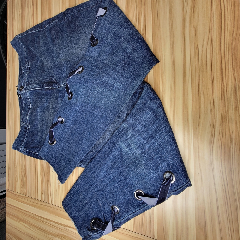 One 5 One Ankle Jeans Women's 14 Blue Denim Lace-up Grommets Raw Hem Whiskered